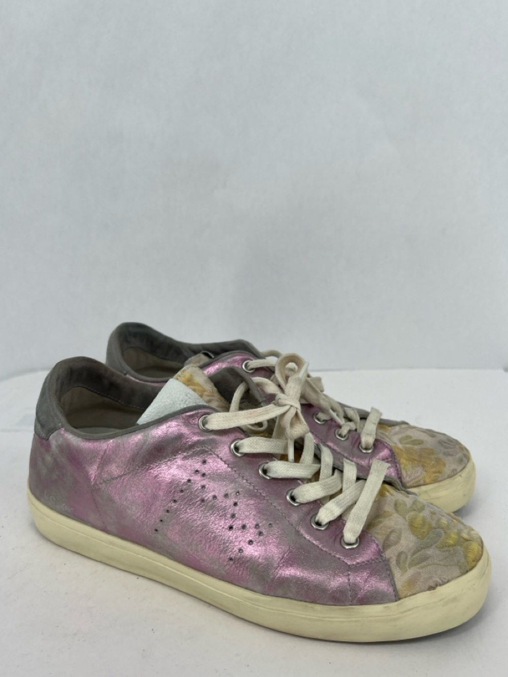 Leather Crown Metallic Pink and Cream Low-Top Lace Sneakers